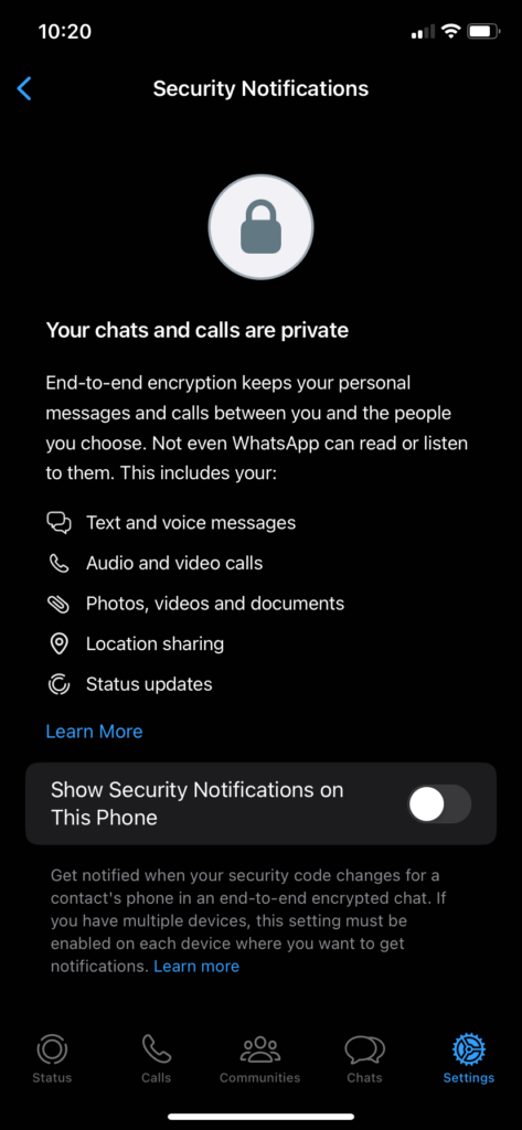 WhatsApp security notifications