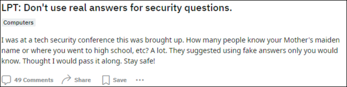 Reddit answer on security questions